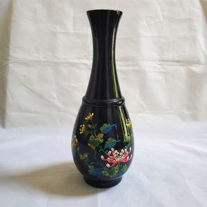Black Lacquer Flower Butterfly Vase AS IS